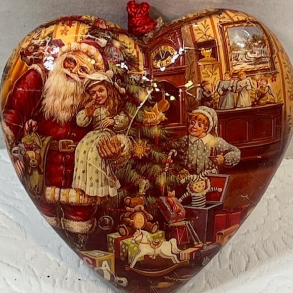 VTG Christmas Paper Mache Heart Santa Toys Children Holiday Ornament 3.5" - Picture 3 of 9